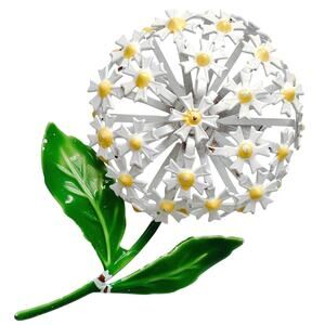 Unique Vintage Mid Century Enamel Flower Dome Brooch White Yellow Green 1950s